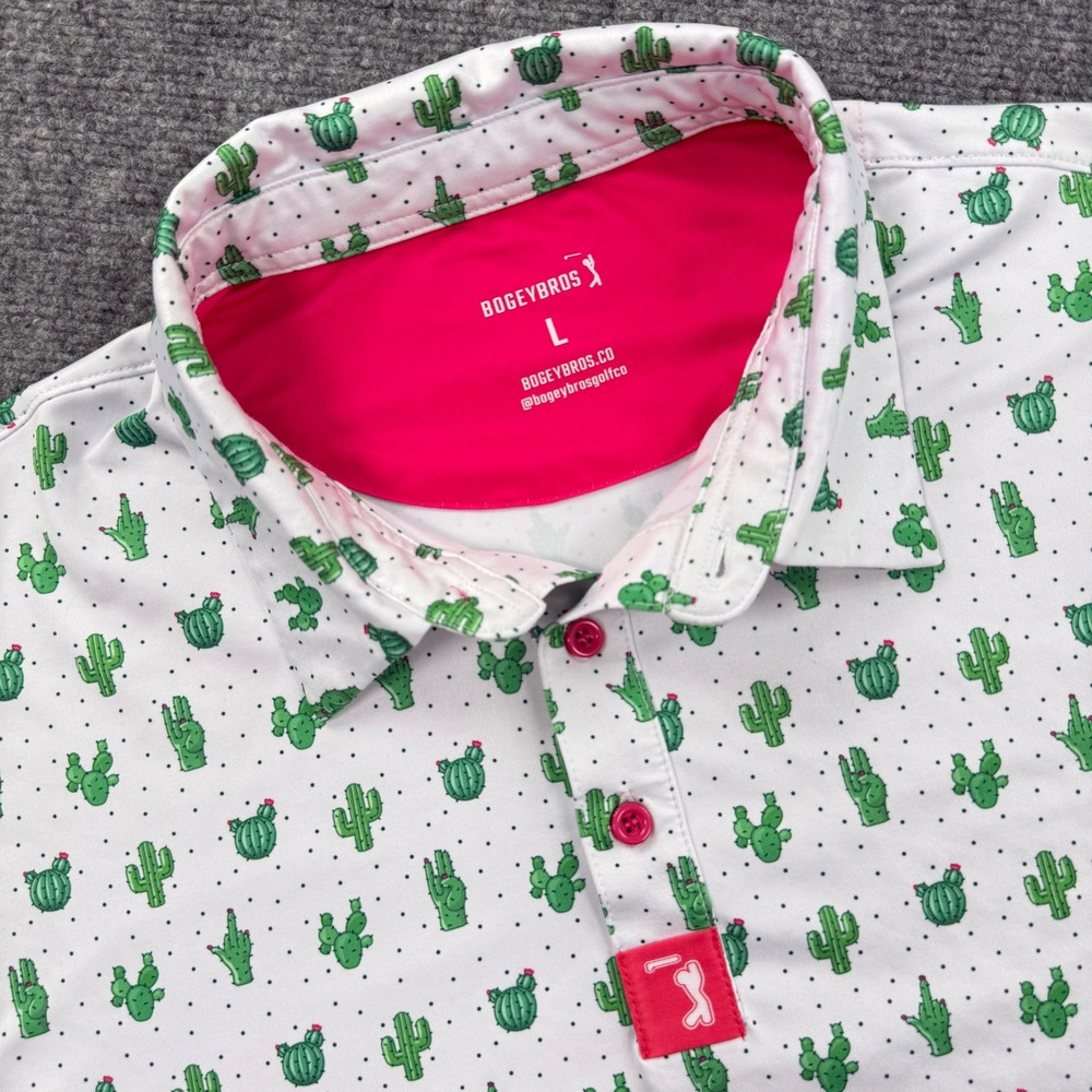 Bogey Bros Shirt Golf Polo Size Large White Cactus Print Short Sleeve Men's